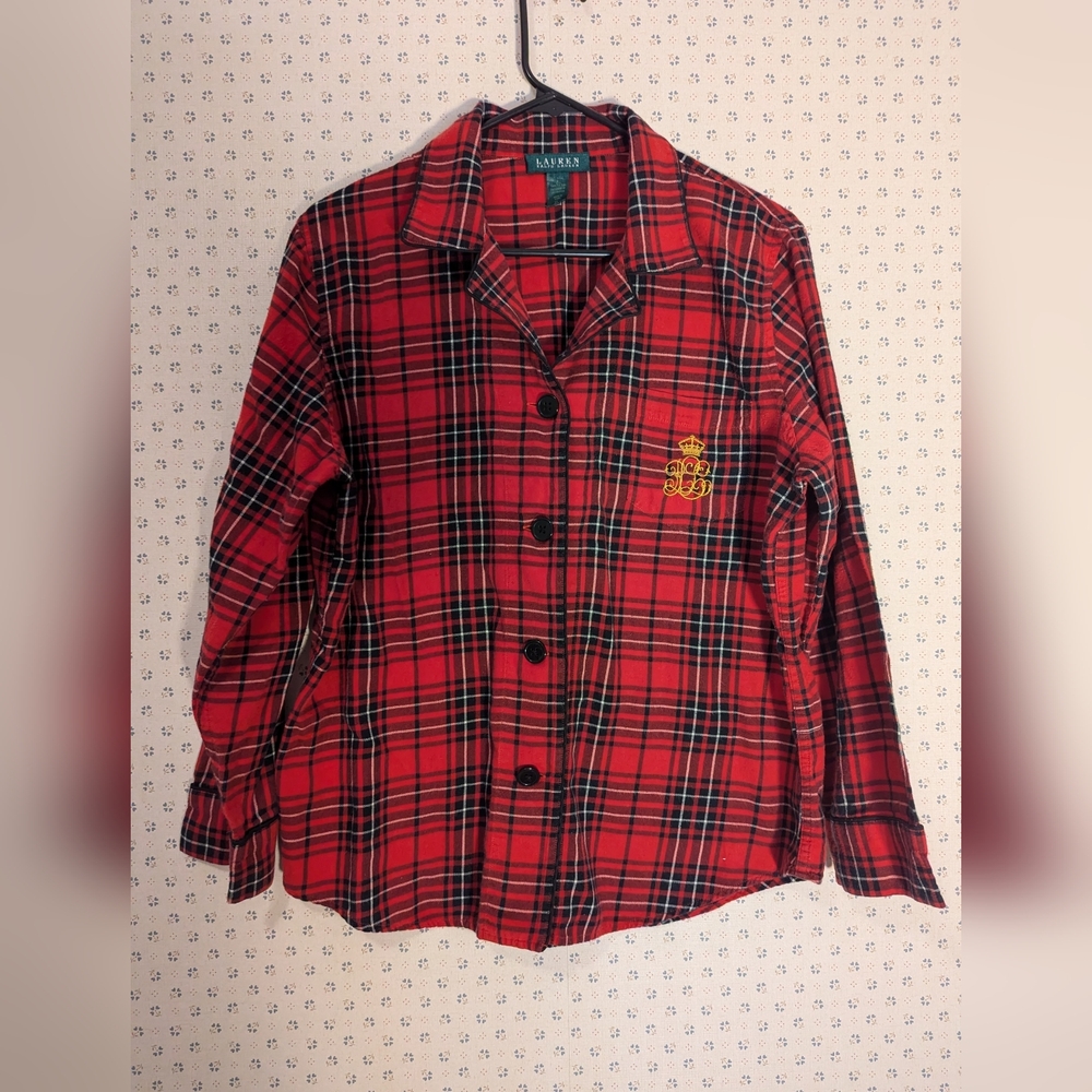 Lauren Ralph XL Pajama top Plaid Gold insignia flannel animal print 100% cotton